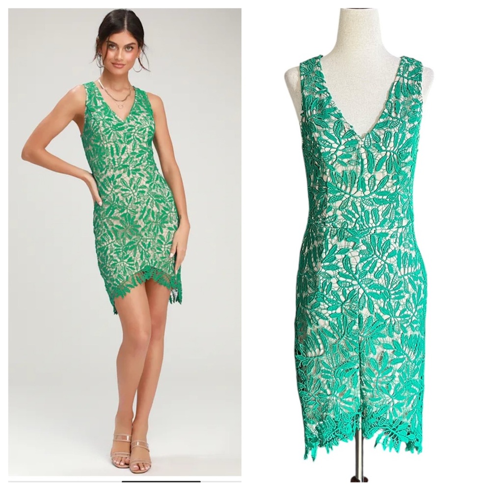 Lulu's Amberley Green Lace Sleeveless Bodycon Dress